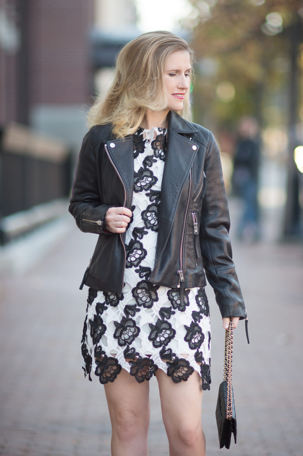 Petite Fashion and Style Blog | Chicwish Timeless Delicacy Crochet Dress | Topshop Leather Biker Jacket | Ann Taylor Leda Block Heel | Click to Read More... - Leather Moto Jacket styled by popular Michigan petite fashion blogger The Blue Hydrangeas