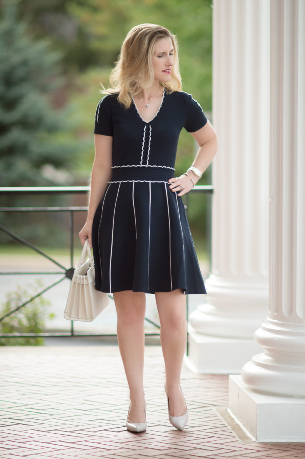 Petite Fashion and Style Blog | Draper James Scallop Sweater Dress | YSL Baby Sac du Jour | Stuart Weitzman Peekamid Pumps | Click to Read More...