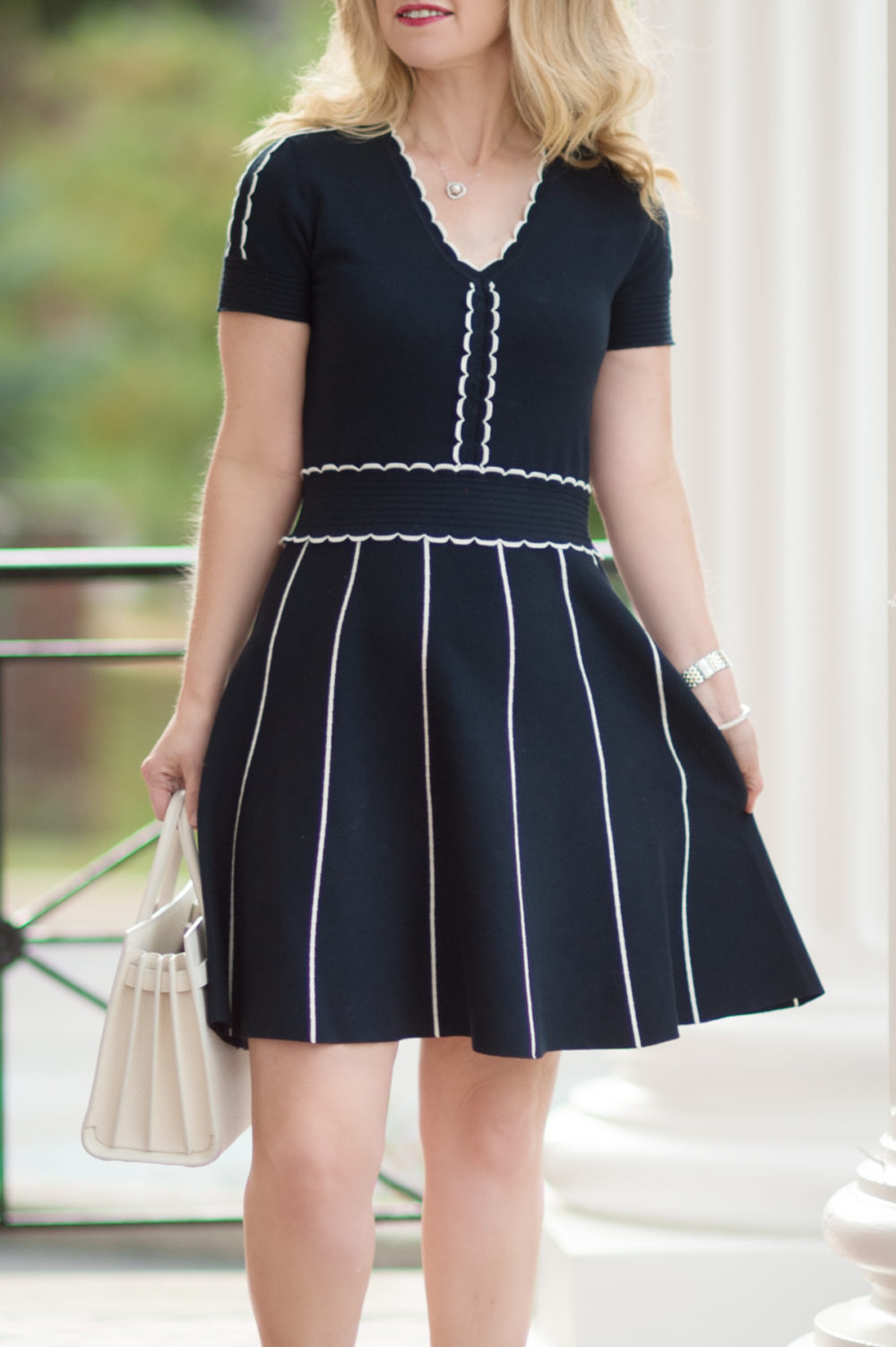 Petite Fashion and Style Blog | Draper James Scallop Sweater Dress | YSL Baby Sac du Jour | Stuart Weitzman Peekamid Pumps | Click to Read More...