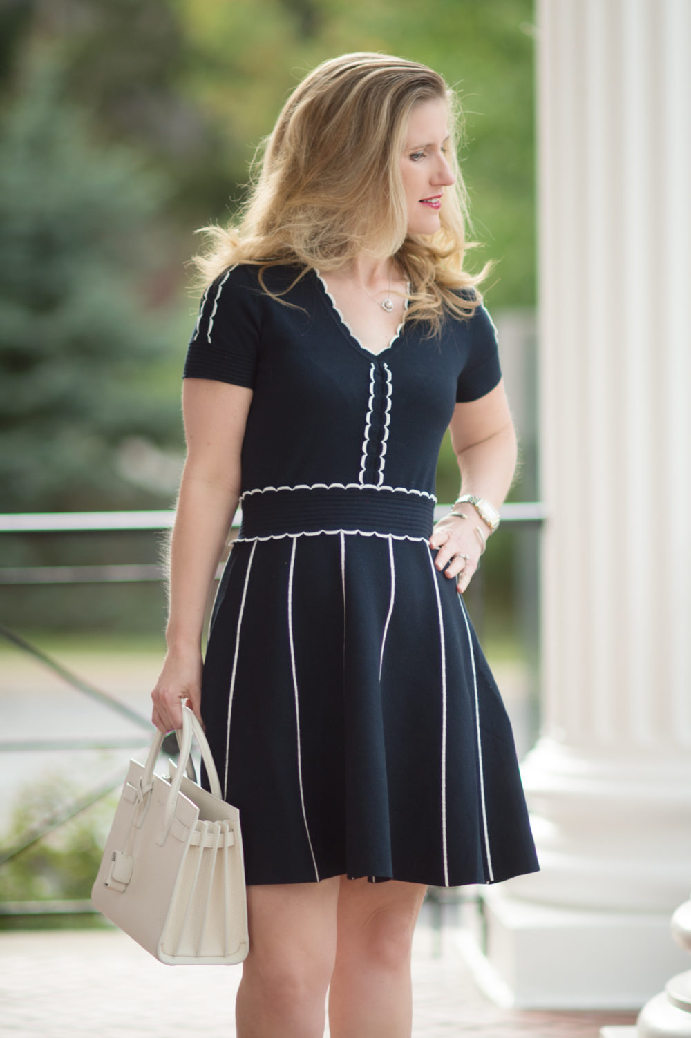 Petite Fashion and Style Blog | Draper James Scallop Sweater Dress | YSL Baby Sac du Jour | Stuart Weitzman Peekamid Pumps | Click to Read More...