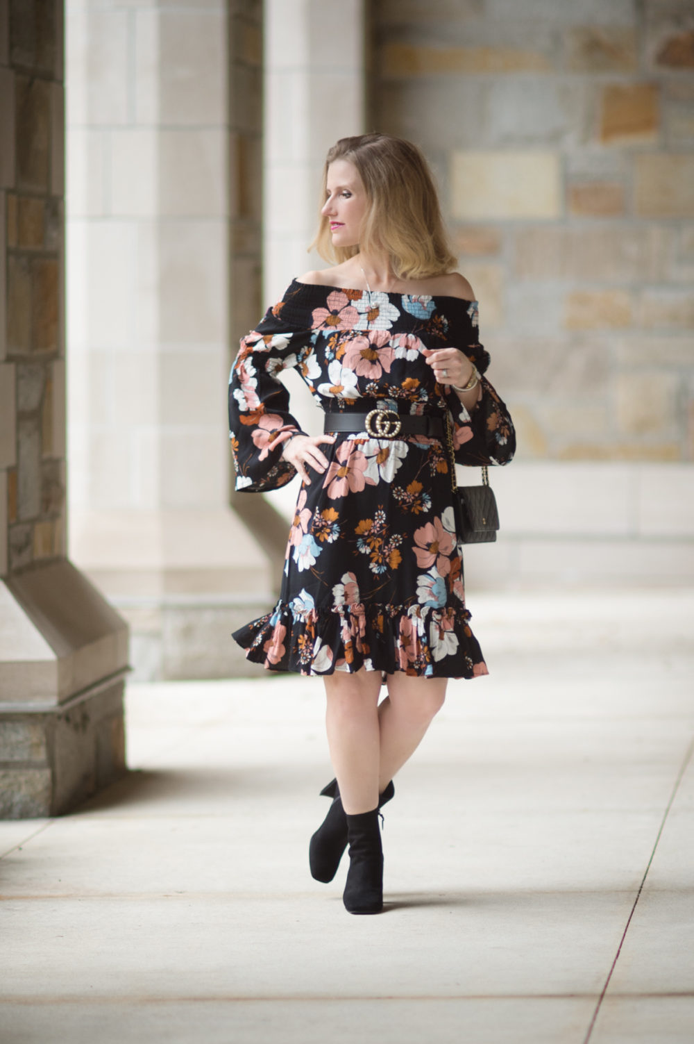 Petite Fashion and Style Blog | Ella Moon Eleni Off the Shoulder Wide Smocked Ruffle Hem Dress | Gucci Belt with Pearl Double G | Stuart Weitzman Vigor Booties | Click to Read More... - The Best of Amazon Fall Fashion by popular Michigan petite fashion blogger The Blue Hydrangeas