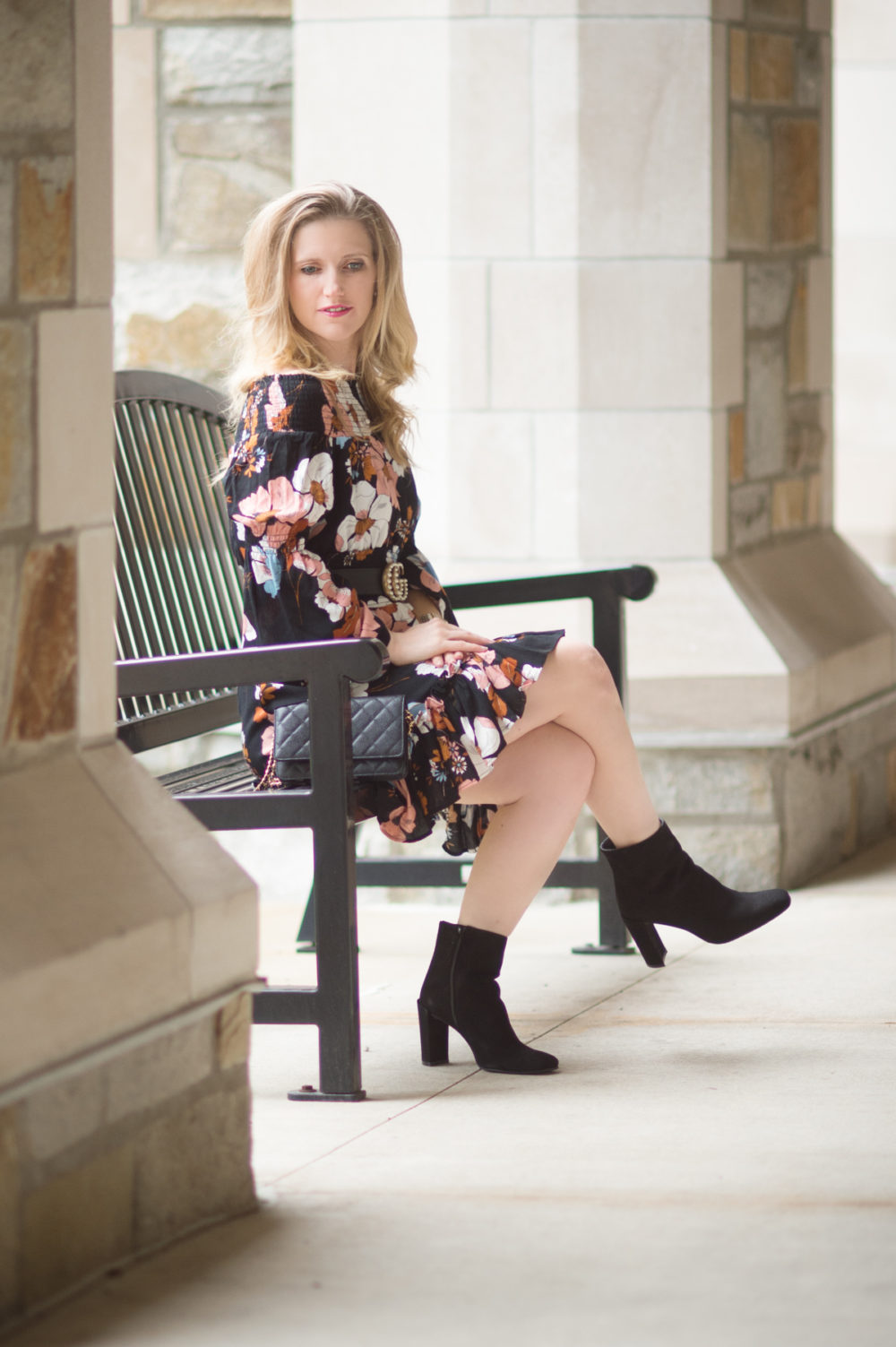 Petite Fashion and Style Blog | Ella Moon Eleni Off the Shoulder Wide Smocked Ruffle Hem Dress | Gucci Belt with Pearl Double G | Stuart Weitzman Vigor Booties | Click to Read More... - The Best of Amazon Fall Fashion by popular Michigan petite fashion blogger The Blue Hydrangeas