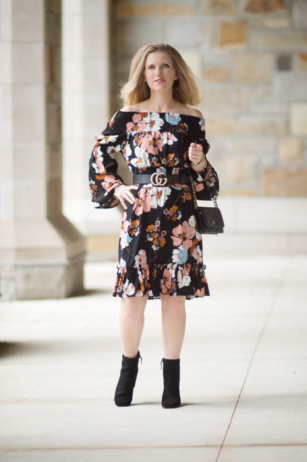 Petite Fashion and Style Blog | Ella Moon Eleni Off the Shoulder Wide Smocked Ruffle Hem Dress | Gucci Belt with Pearl Double G | Stuart Weitzman Vigor Booties | Click to Read More... - The Best of Amazon Fall Fashion by popular Michigan petite fashion blogger The Blue Hydrangeas