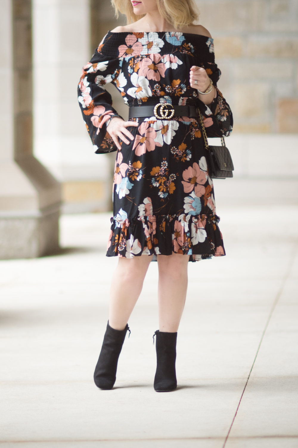 Petite Fashion and Style Blog | Ella Moon Eleni Off the Shoulder Wide Smocked Ruffle Hem Dress | Gucci Belt with Pearl Double G | Stuart Weitzman Vigor Booties | Click to Read More... - The Best of Amazon Fall Fashion by popular Michigan petite fashion blogger The Blue Hydrangeas