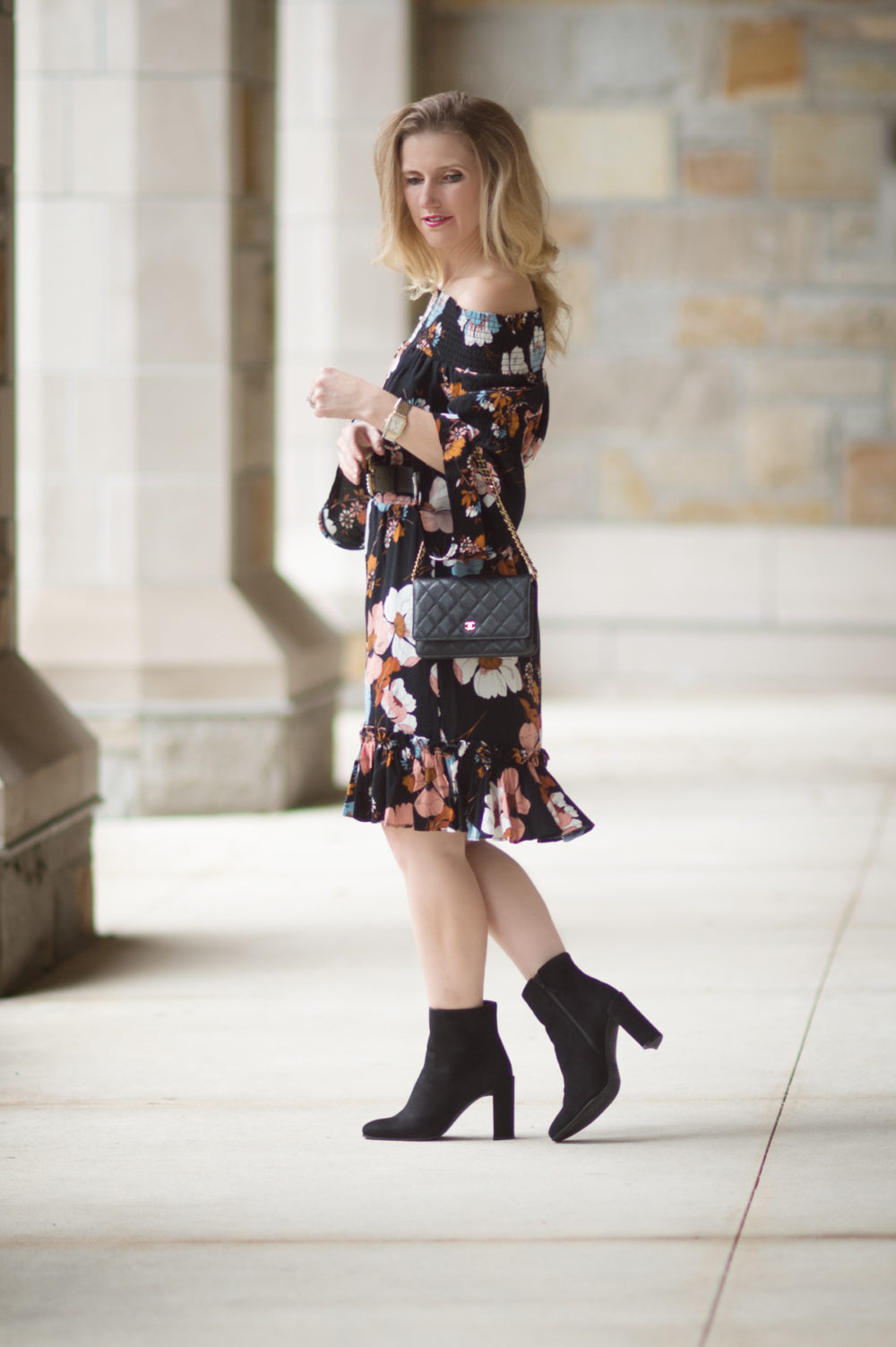 Petite Fashion and Style Blog | Ella Moon Eleni Off the Shoulder Wide Smocked Ruffle Hem Dress | Gucci Belt with Pearl Double G | Stuart Weitzman Vigor Booties | Click to Read More... - The Best of Amazon Fall Fashion by popular Michigan petite fashion blogger The Blue Hydrangeas