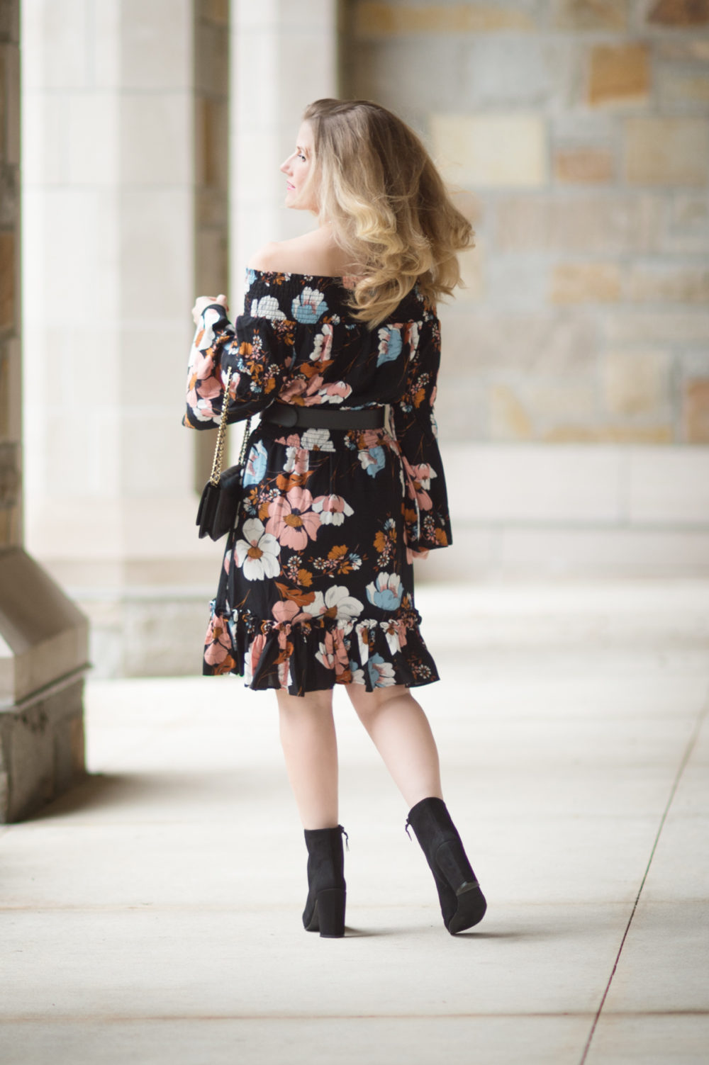 Petite Fashion and Style Blog | Ella Moon Eleni Off the Shoulder Wide Smocked Ruffle Hem Dress | Gucci Belt with Pearl Double G | Stuart Weitzman Vigor Booties | Click to Read More... - The Best of Amazon Fall Fashion by popular Michigan petite fashion blogger The Blue Hydrangeas