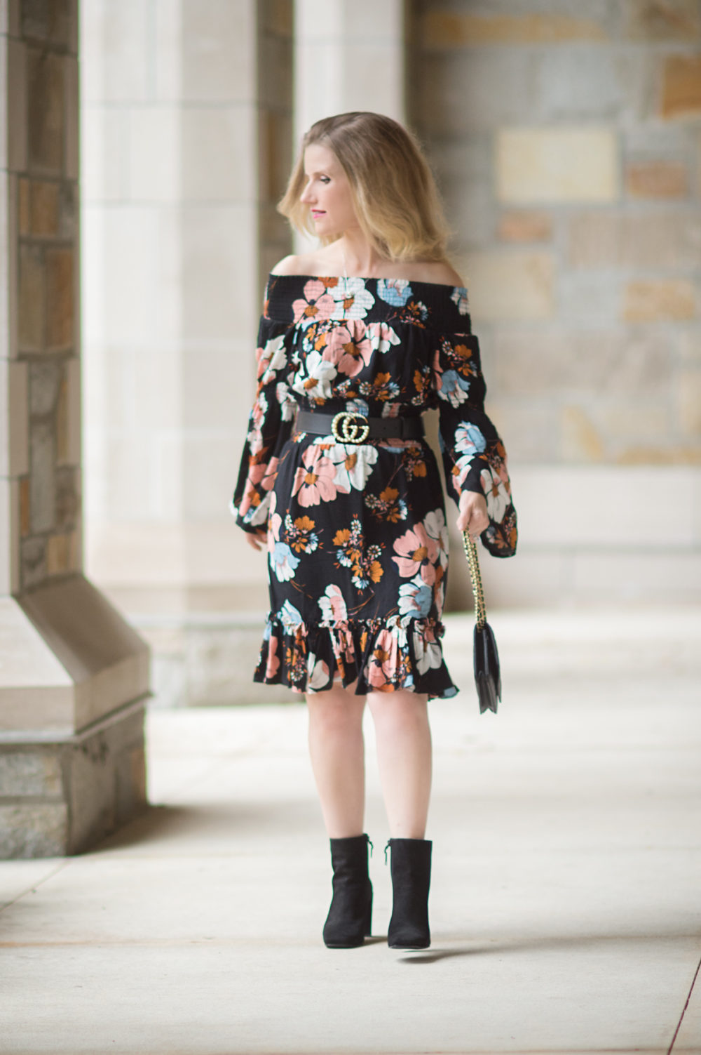 Petite Fashion and Style Blog | Ella Moon Eleni Off the Shoulder Wide Smocked Ruffle Hem Dress | Gucci Belt with Pearl Double G | Stuart Weitzman Vigor Booties | Click to Read More... - The Best of Amazon Fall Fashion by popular Michigan petite fashion blogger The Blue Hydrangeas