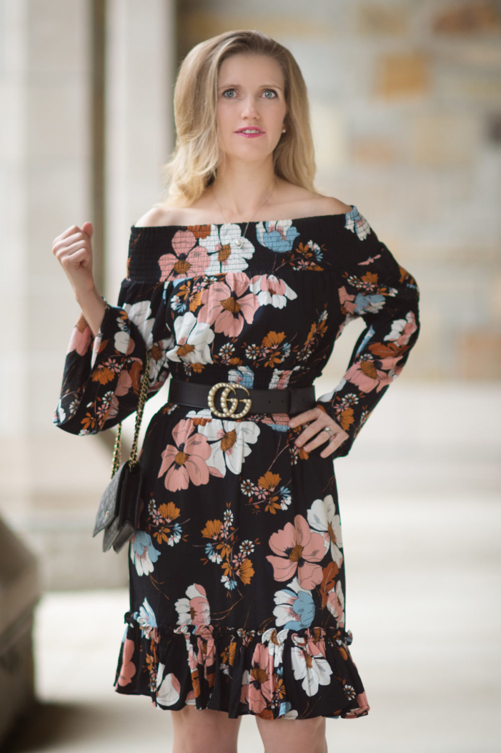 Petite Fashion and Style Blog | Ella Moon Eleni Off the Shoulder Wide Smocked Ruffle Hem Dress | Gucci Belt with Pearl Double G | Stuart Weitzman Vigor Booties | Click to Read More... - The Best of Amazon Fall Fashion by popular Michigan petite fashion blogger The Blue Hydrangeas