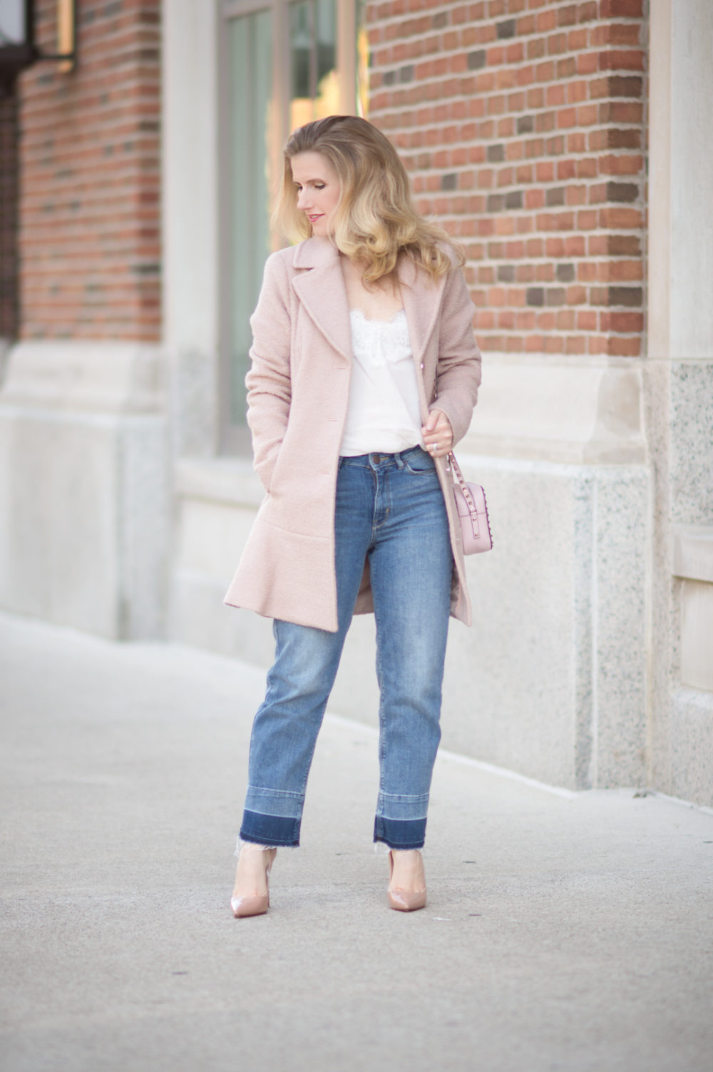 Petite Fashion and Style Blog | Kensie Notch Lapel Peplum Coat | Abercrombie Lace Trim Cami | Marks and Spencer Drop Hem Mid Rise Ankle Jeans | Christian Louboutin So Kate Pumps | Valentino Rockstud Crossbody Bag | Click to Read More... - 7 Must Have Wool Coats for Fall by popular Michigan petite fashion blogger The Blue Hydrangeas