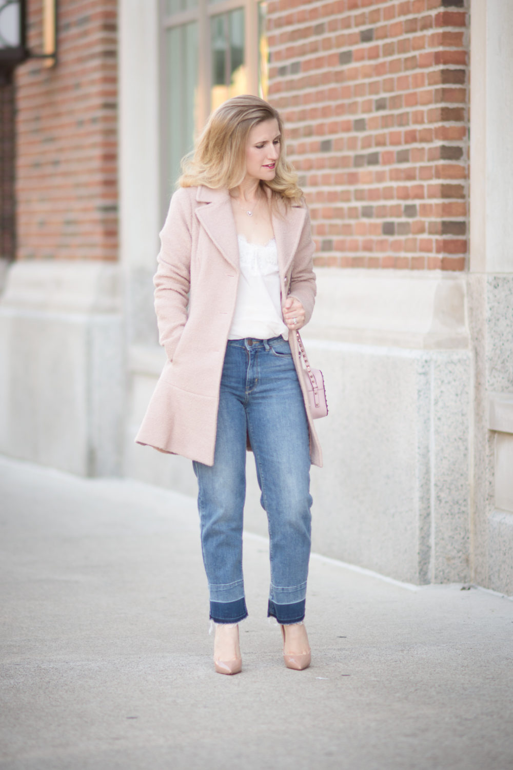 Petite Fashion and Style Blog | Kensie Notch Lapel Peplum Coat | Abercrombie Lace Trim Cami | Marks and Spencer Drop Hem Mid Rise Ankle Jeans | Christian Louboutin So Kate Pumps | Valentino Rockstud Crossbody Bag | Click to Read More... - 7 Must Have Wool Coats for Fall by popular Michigan petite fashion blogger The Blue Hydrangeas