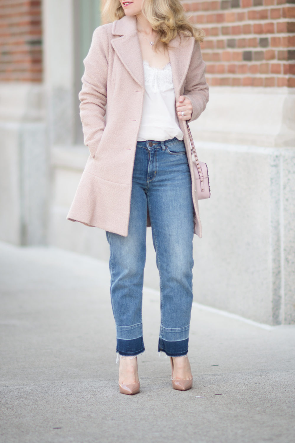 Petite Fashion and Style Blog | Kensie Notch Lapel Peplum Coat | Abercrombie Lace Trim Cami | Marks and Spencer Drop Hem Mid Rise Ankle Jeans | Christian Louboutin So Kate Pumps | Valentino Rockstud Crossbody Bag | Click to Read More... - 7 Must Have Wool Coats for Fall by popular Michigan petite fashion blogger The Blue Hydrangeas