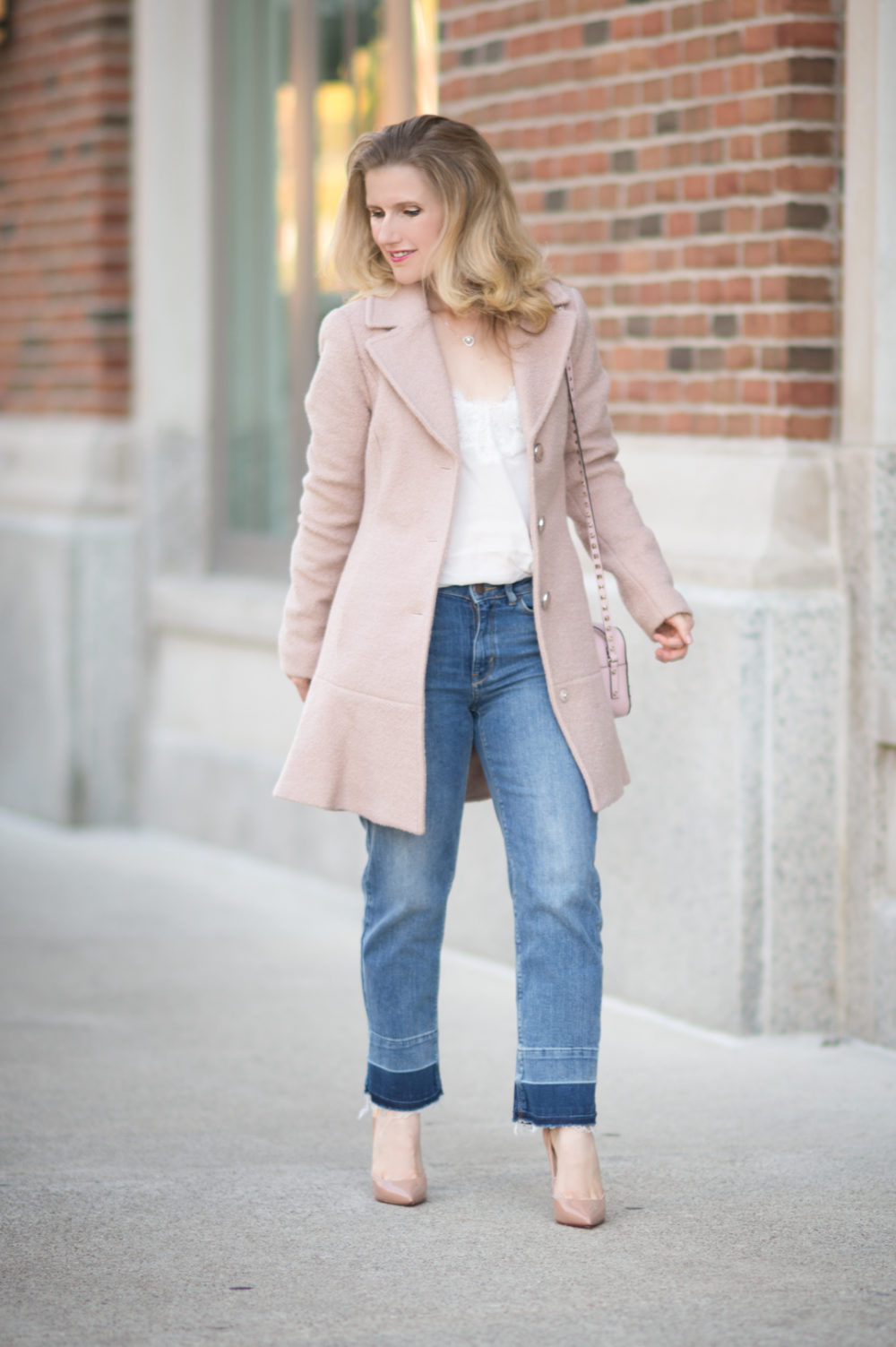 Petite Fashion and Style Blog | Kensie Notch Lapel Peplum Coat | Abercrombie Lace Trim Cami | Marks and Spencer Drop Hem Mid Rise Ankle Jeans | Christian Louboutin So Kate Pumps | Valentino Rockstud Crossbody Bag | Click to Read More... - 7 Must Have Wool Coats for Fall by popular Michigan petite fashion blogger The Blue Hydrangeas