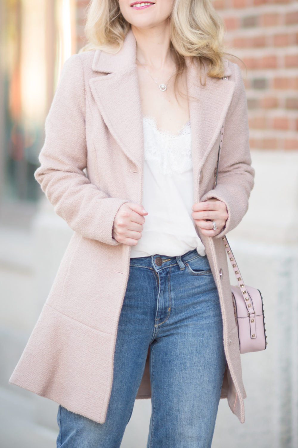 Petite Fashion and Style Blog | Kensie Notch Lapel Peplum Coat | Abercrombie Lace Trim Cami | Marks and Spencer Drop Hem Mid Rise Ankle Jeans | Christian Louboutin So Kate Pumps | Valentino Rockstud Crossbody Bag | Click to Read More... - 7 Must Have Wool Coats for Fall by popular Michigan petite fashion blogger The Blue Hydrangeas