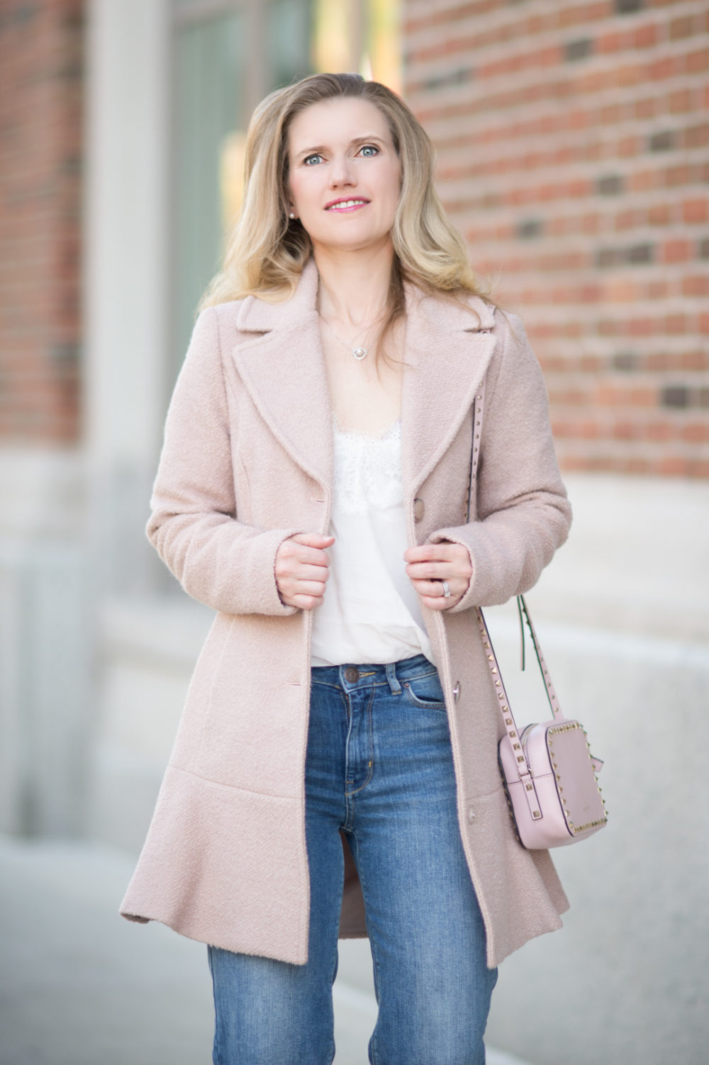 Petite Fashion and Style Blog | Kensie Notch Lapel Peplum Coat | Abercrombie Lace Trim Cami | Marks and Spencer Drop Hem Mid Rise Ankle Jeans | Christian Louboutin So Kate Pumps | Valentino Rockstud Crossbody Bag | Click to Read More... - 7 Must Have Wool Coats for Fall by popular Michigan petite fashion blogger The Blue Hydrangeas