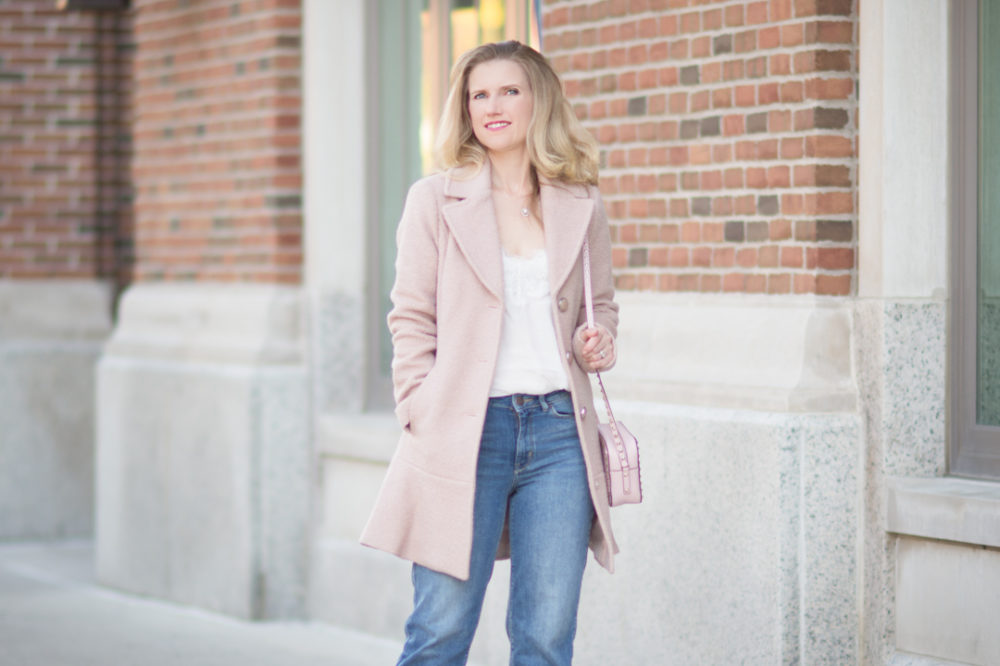 Petite Fashion and Style Blog | Kensie Notch Lapel Peplum Coat | Abercrombie Lace Trim Cami | Marks and Spencer Drop Hem Mid Rise Ankle Jeans | Christian Louboutin So Kate Pumps | Valentino Rockstud Crossbody Bag | Click to Read More... - 7 Must Have Wool Coats for Fall by popular Michigan petite fashion blogger The Blue Hydrangeas