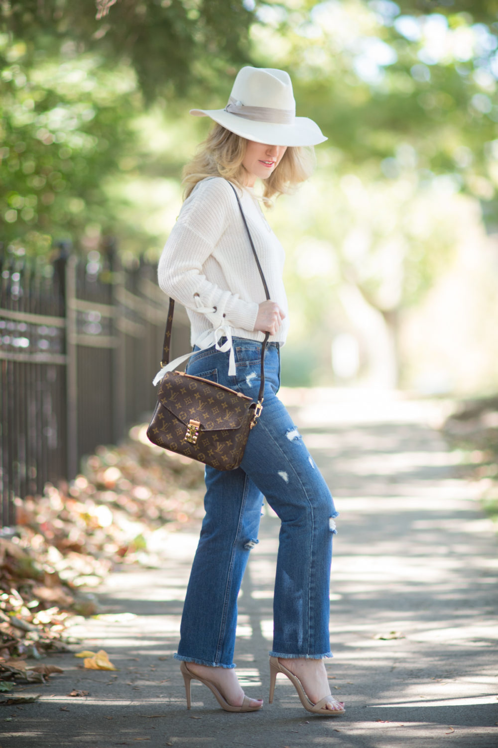 Petite Fashion and Style Blog | Madison & Berkley Laced Sleeve Sweater | Express High Waisted Straight Ankle Jeans | Steve Madden Stecy Heels | Louis Vuitton Pochette Mettis Bag | Click to Read More...