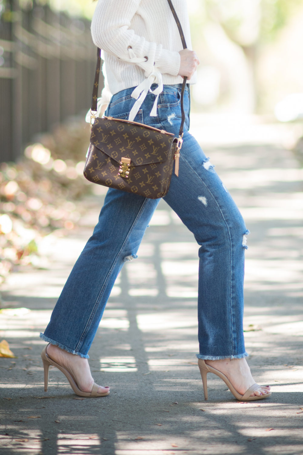Petite Fashion and Style Blog | Madison & Berkley Laced Sleeve Sweater | Express High Waisted Straight Ankle Jeans | Steve Madden Stecy Heels | Louis Vuitton Pochette Mettis Bag | Click to Read More...