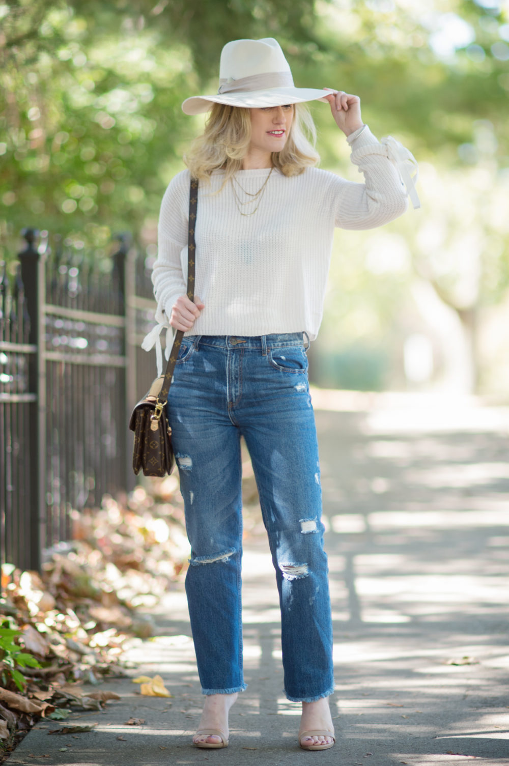 Petite Fashion and Style Blog | Madison & Berkley Laced Sleeve Sweater | Express High Waisted Straight Ankle Jeans | Steve Madden Stecy Heels | Louis Vuitton Pochette Mettis Bag | Click to Read More...