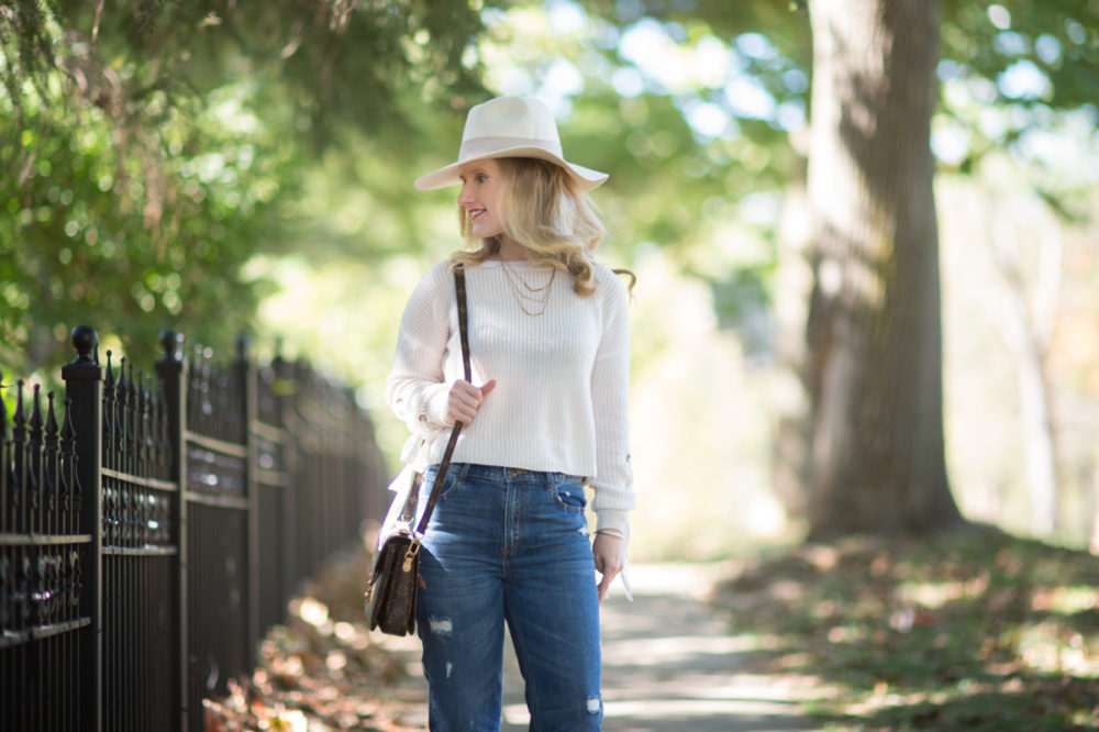 Petite Fashion and Style Blog | Madison & Berkley Laced Sleeve Sweater | Express High Waisted Straight Ankle Jeans | Steve Madden Stecy Heels | Louis Vuitton Pochette Mettis Bag | Click to Read More...