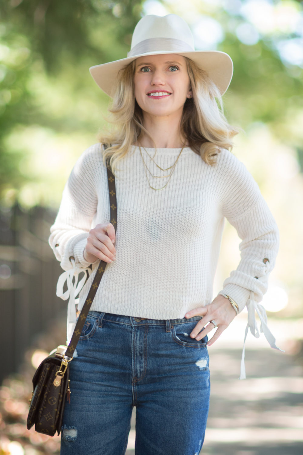 Petite Fashion and Style Blog | Madison & Berkley Laced Sleeve Sweater | Express High Waisted Straight Ankle Jeans | Steve Madden Stecy Heels | Louis Vuitton Pochette Mettis Bag | Click to Read More...