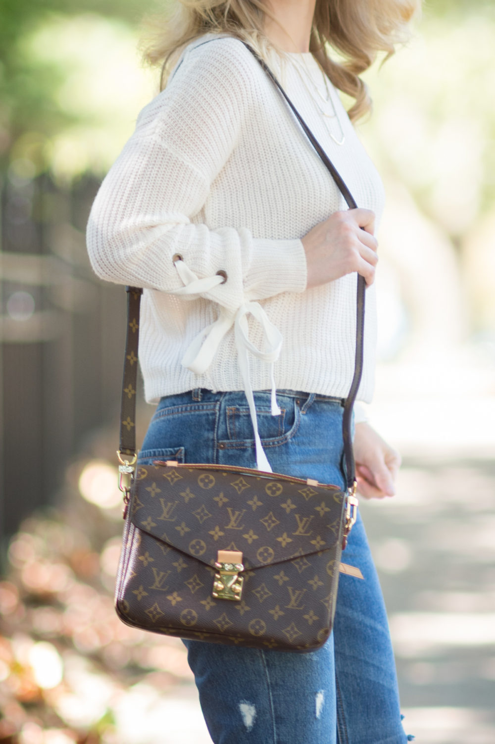 Petite Fashion and Style Blog | Madison & Berkley Laced Sleeve Sweater | Express High Waisted Straight Ankle Jeans | Steve Madden Stecy Heels | Louis Vuitton Pochette Mettis Bag | Click to Read More...