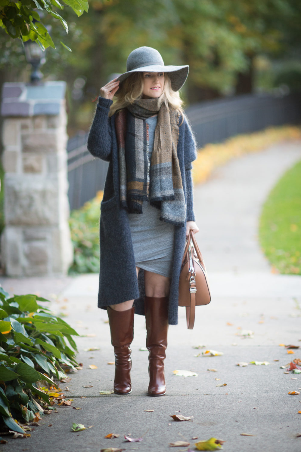 Petite Fashion and Style Blog Acne Studios Raya Mohair Sweater Leith Ruched Long Sleeve Dress Givenchy Antigona Bag BP Geo Colorblock Scarf - Layered Fall Outfit by popular Michigan petite fashion blogger The Blue Hydrangeas