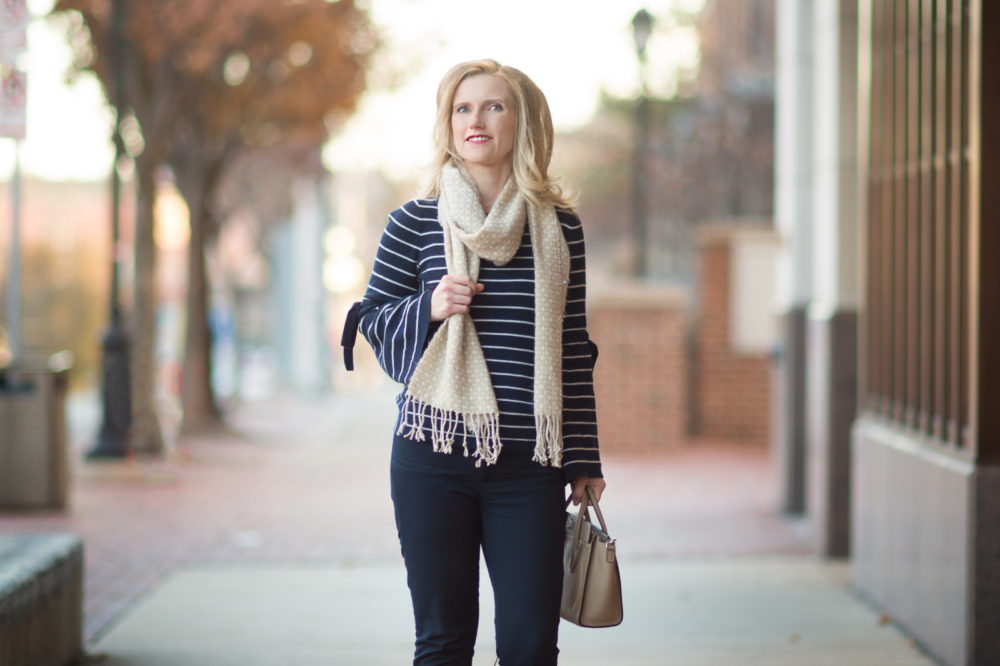Petite Fashion and Style Blog | Aveda Texture Tonic | Banana Republic Sloan Pants | Banana Republic Stripe Flare Sleve Tunic | Click to Read More...