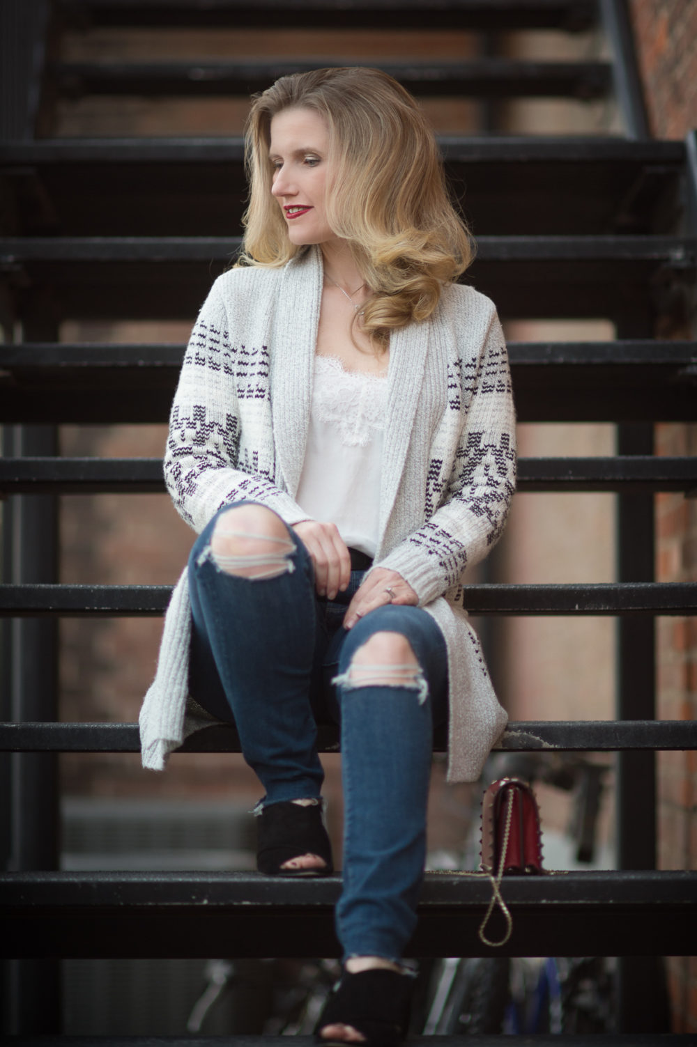 Petite Fashion and Style Blog | Cupcakes and Cashmere Raleigh Tribal Cardigan | Sole Society Luella Mules | Valentino Rockstud Flap Bag- { Click to Read More.