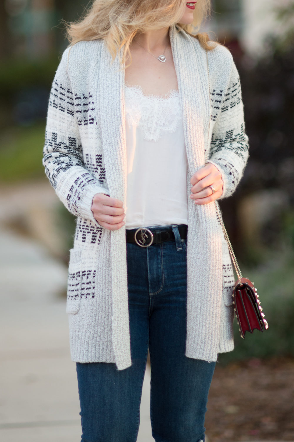 Petite Fashion and Style Blog | Cupcakes and Cashmere Raleigh Tribal Cardigan | Sole Society Luella Mules | Valentino Rockstud Flap Bag- { Click to Read More.