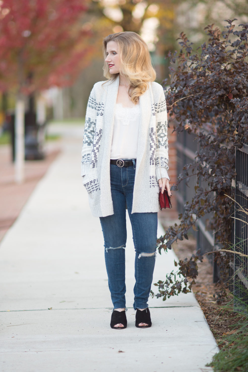 Petite Fashion and Style Blog | Cupcakes and Cashmere Raleigh Tribal Cardigan | Sole Society Luella Mules | Valentino Rockstud Flap Bag- { Click to Read More.