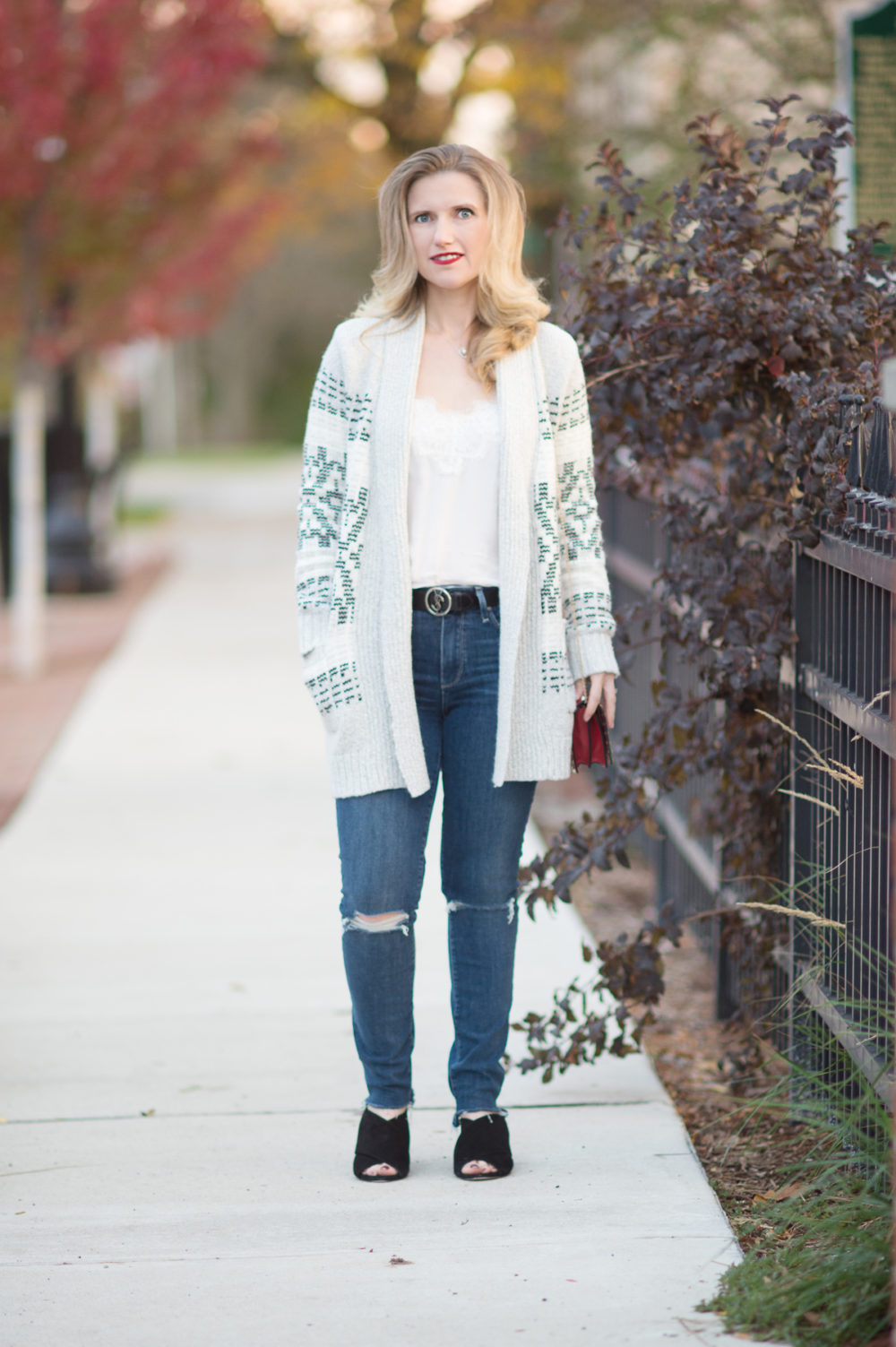 Petite Fashion and Style Blog | Cupcakes and Cashmere Raleigh Tribal Cardigan | Sole Society Luella Mules | Valentino Rockstud Flap Bag- { Click to Read More.