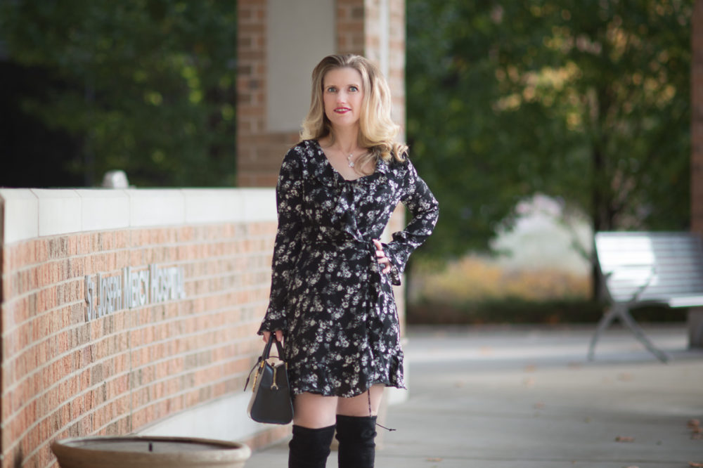 Petite Fashion and Style Blog | Dr. Scholls Custom Fit Orthotics | Wayf Maddi Wrap Mini Dress | Stuart Weitzman Highland Boots | Click to Read More...