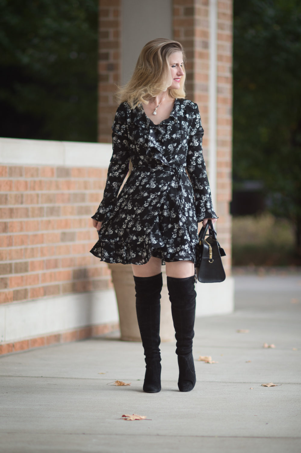 Petite Fashion and Style Blog | Dr. Scholls Custom Fit Orthotics | Wayf Maddi Wrap Mini Dress | Stuart Weitzman Highland Boots | Click to Read More...