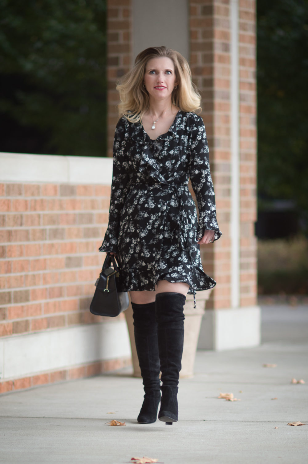 Petite Fashion and Style Blog | Dr. Scholls Custom Fit Orthotics | Wayf Maddi Wrap Mini Dress | Stuart Weitzman Highland Boots | Click to Read More...
