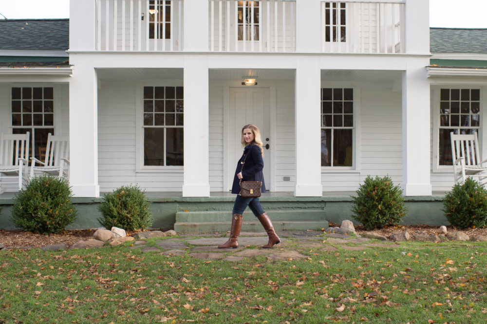 Petite Fashion and Style Blog | J.Crew Andover Peacoat | J.Crew Perfect Shirt in Navy Plaid | Tory Burch Riding Boots | Louis Vuitton Pochette Metis | Click to Read More... - A Classic Navy Peacoat styled by popular Michigan petite fashion blogger The Blue Hydrangeas