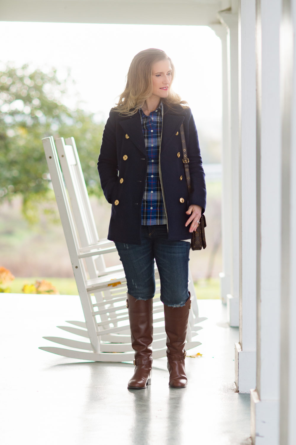 Petite Fashion and Style Blog | J.Crew Andover Peacoat | J.Crew Perfect Shirt in Navy Plaid | Tory Burch Riding Boots | Louis Vuitton Pochette Metis | Click to Read More... - A Classic Navy Peacoat styled by popular Michigan petite fashion blogger The Blue Hydrangeas