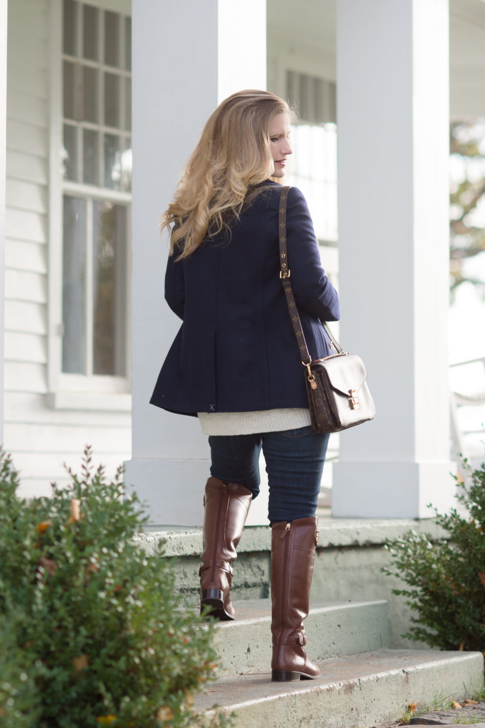 Petite Fashion and Style Blog | J.Crew Andover Peacoat | J.Crew Perfect Shirt in Navy Plaid | Tory Burch Riding Boots | Louis Vuitton Pochette Metis | Click to Read More... - A Classic Navy Peacoat styled by popular Michigan petite fashion blogger The Blue Hydrangeas