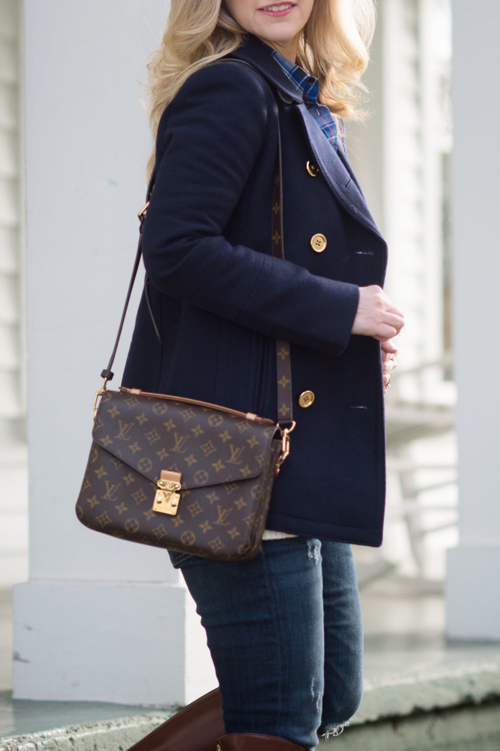 Petite Fashion and Style Blog | J.Crew Andover Peacoat | J.Crew Perfect Shirt in Navy Plaid | Tory Burch Riding Boots | Louis Vuitton Pochette Metis | Click to Read More... - A Classic Navy Peacoat styled by popular Michigan petite fashion blogger The Blue Hydrangeas