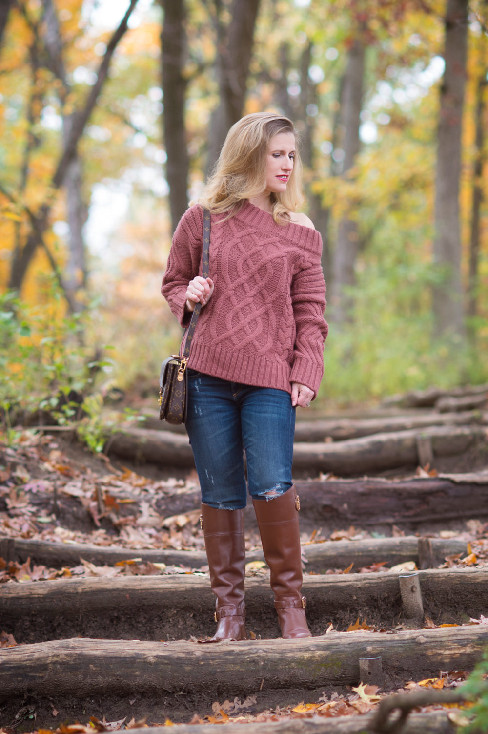 Petite Fashion and Style Blog | J.O.A. Off the Shoulder Cable Sweater | Tory Burch Riding Boots | Louis Vuitton Pochette Metis Bag | Click to Read More...