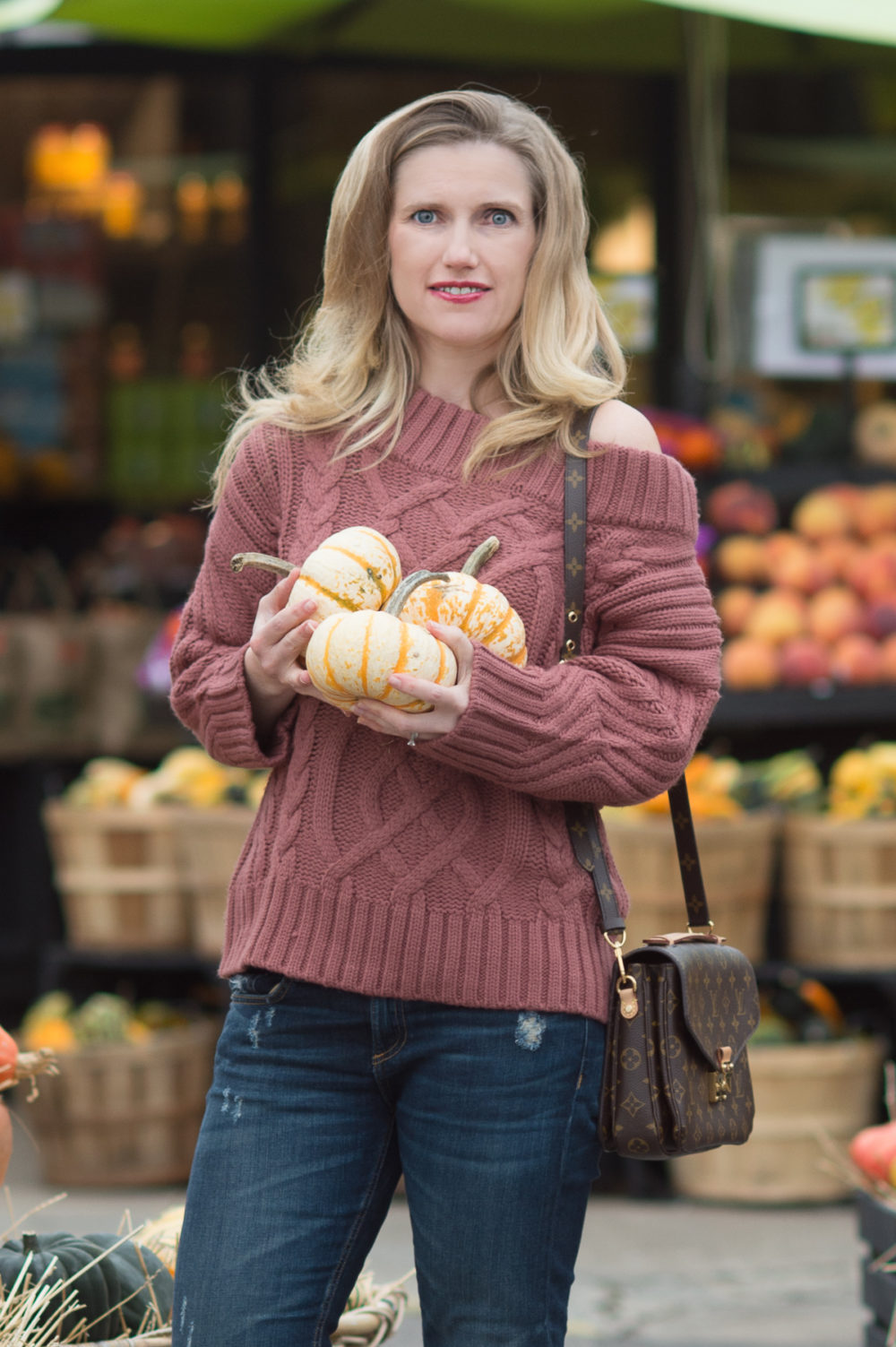 Petite Fashion and Style Blog | J.O.A. Off the Shoulder Cable Sweater | Tory Burch Riding Boots | Louis Vuitton Pochette Metis Bag | Click to Read More...