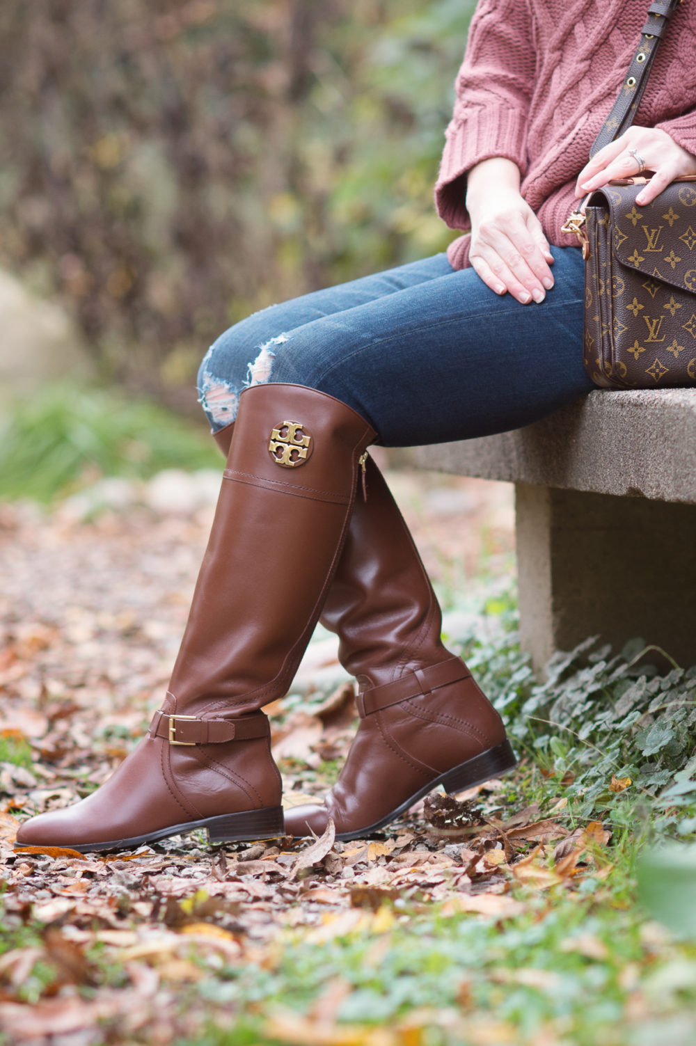 Petite Fashion and Style Blog | J.O.A. Off the Shoulder Cable Sweater | Tory Burch Riding Boots | Louis Vuitton Pochette Metis Bag | Click to Read More...