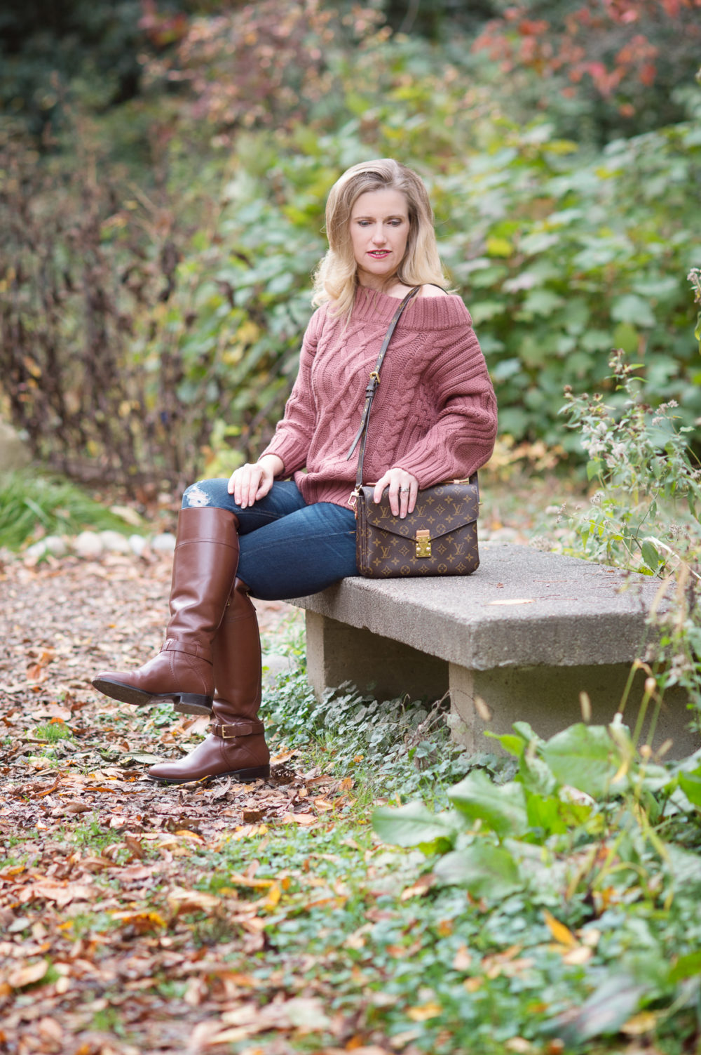 Petite Fashion and Style Blog | J.O.A. Off the Shoulder Cable Sweater | Tory Burch Riding Boots | Louis Vuitton Pochette Metis Bag | Click to Read More...