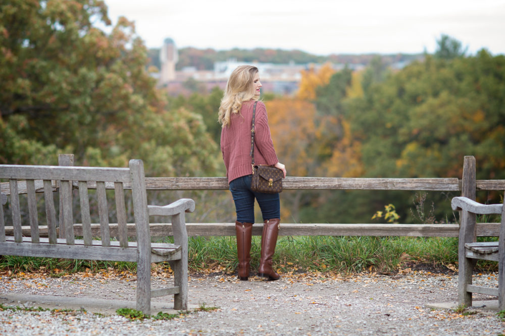 Petite Fashion and Style Blog | J.O.A. Off the Shoulder Cable Sweater | Tory Burch Riding Boots | Louis Vuitton Pochette Metis Bag | Click to Read More...