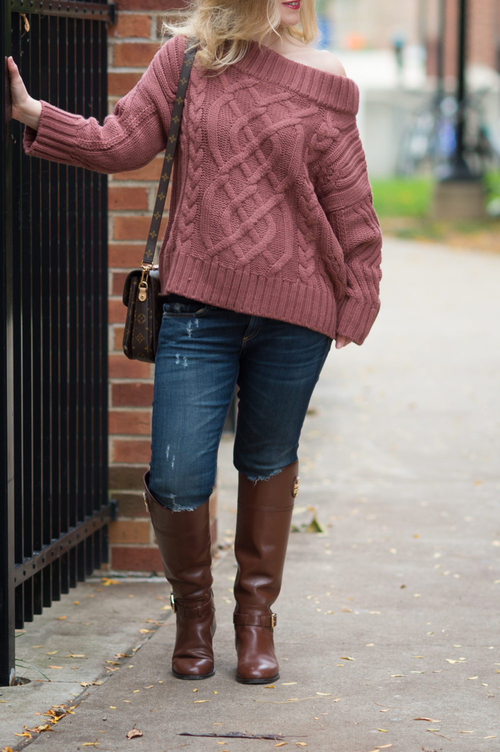 Petite Fashion and Style Blog | J.O.A. Off the Shoulder Cable Sweater | Tory Burch Riding Boots | Louis Vuitton Pochette Metis Bag | Click to Read More...