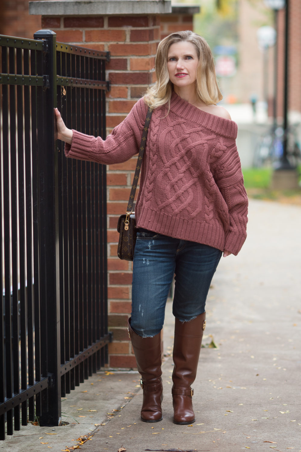 Petite Fashion and Style Blog | J.O.A. Off the Shoulder Cable Sweater | Tory Burch Riding Boots | Louis Vuitton Pochette Metis Bag | Click to Read More...