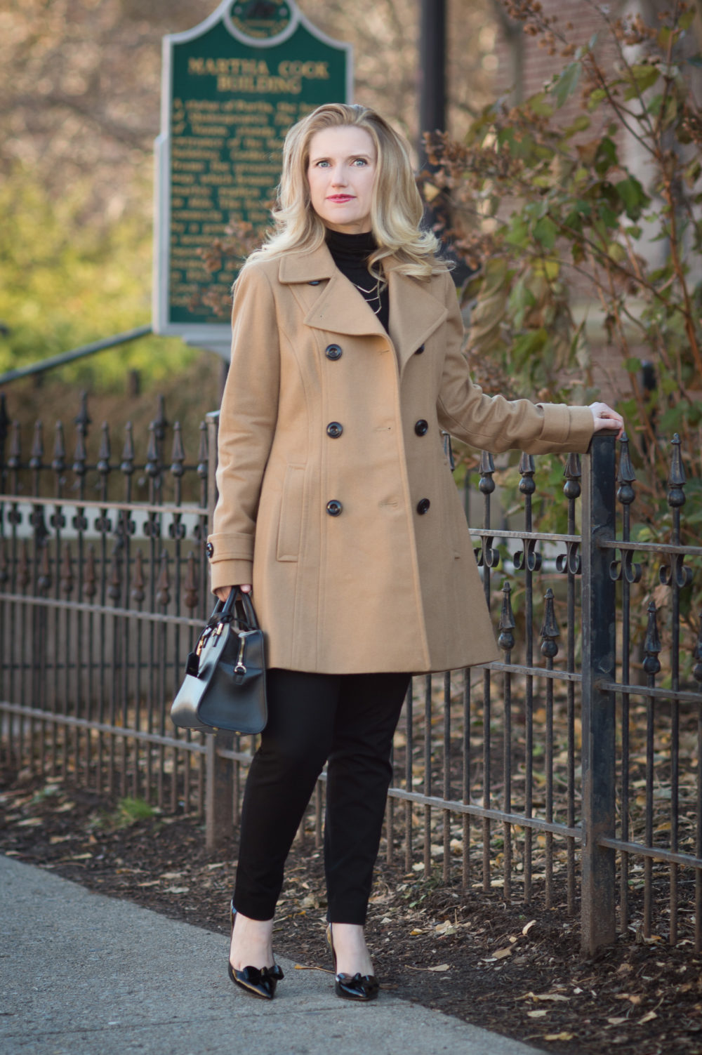 Petite Fashion and Style Blog | Anne Klein Women's Double Breasted Coat | Banana Republic Sloan Pants | Gucci Leather Belt with Pearl Double G