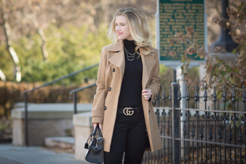 Petite Fashion and Style Blog | Anne Klein Women's Double Breasted Coat | Banana Republic Sloan Pants | Gucci Leather Belt with Pearl Double G