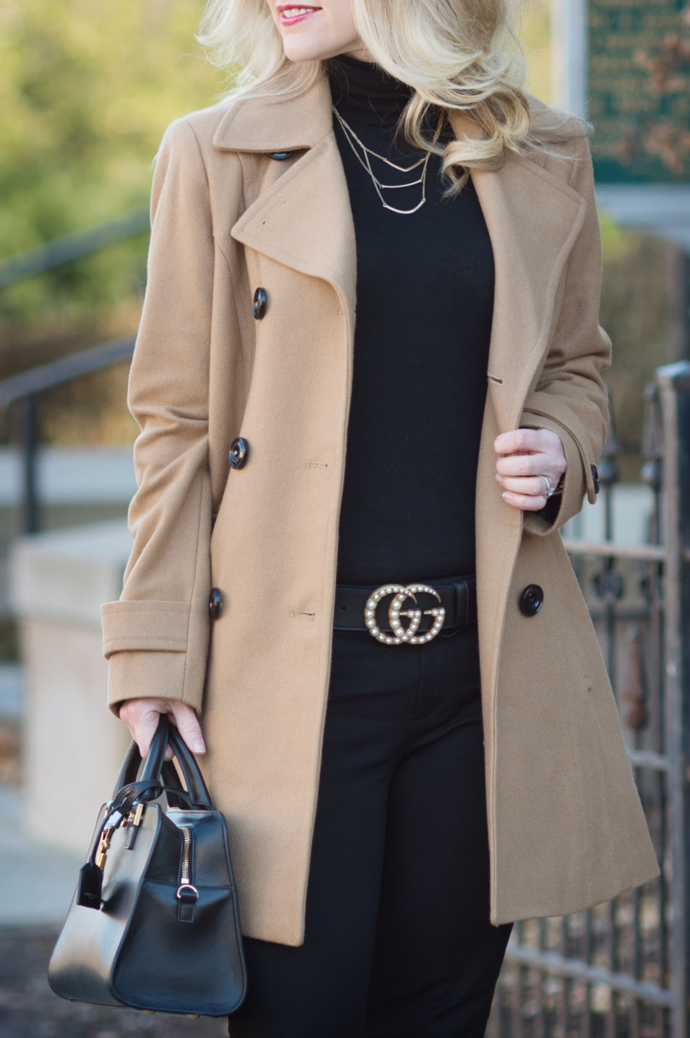 Petite Fashion and Style Blog | Anne Klein Women's Double Breasted Coat | Banana Republic Sloan Pants | Gucci Leather Belt with Pearl Double G