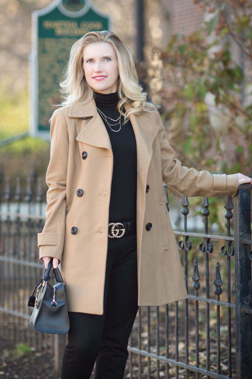 Petite Fashion and Style Blog | Anne Klein Women's Double Breasted Coat | Banana Republic Sloan Pants | Gucci Leather Belt with Pearl Double G