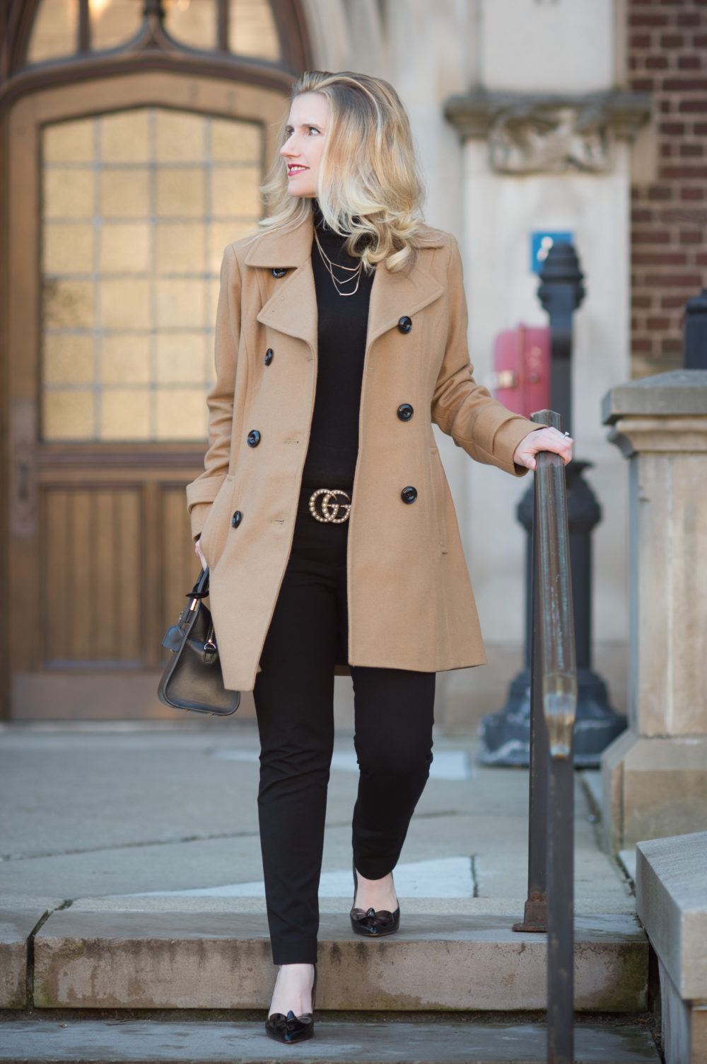 Petite Fashion and Style Blog | Anne Klein Women's Double Breasted Coat | Banana Republic Sloan Pants | Gucci Leather Belt with Pearl Double G